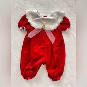 Piccolo VTG Red Velvet Romper with Lace Bib Collar Lace and Embroidered Details